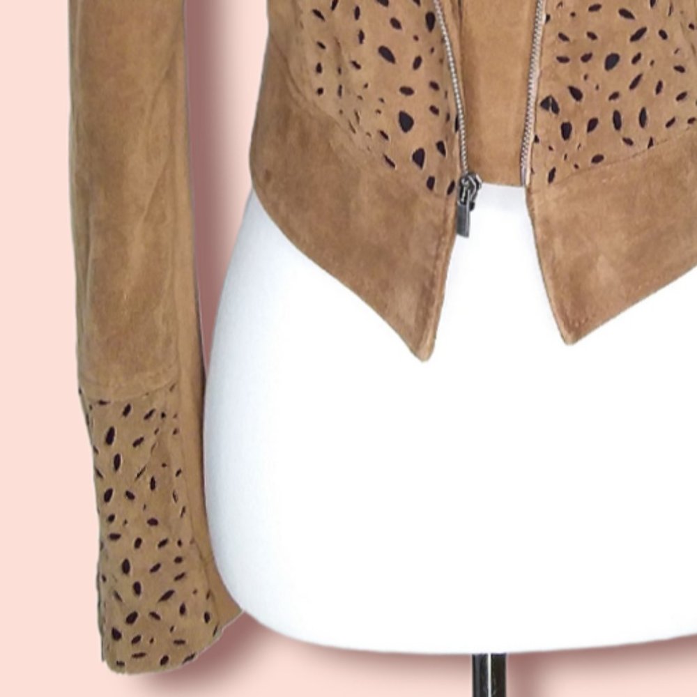 BCBGMaxAzria Skyler Faux Suede Cropped Moto Jacket Size Small Laser Cutouts - Picture 5 of 11